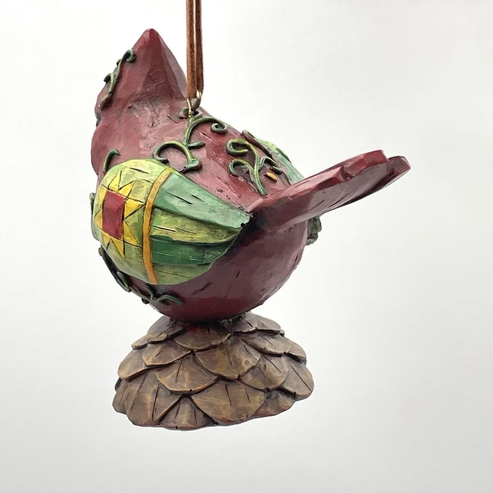 Hand Painted Resin Cardinal Bird Figurine Ornament Folk Art Pinecone Base 3.5